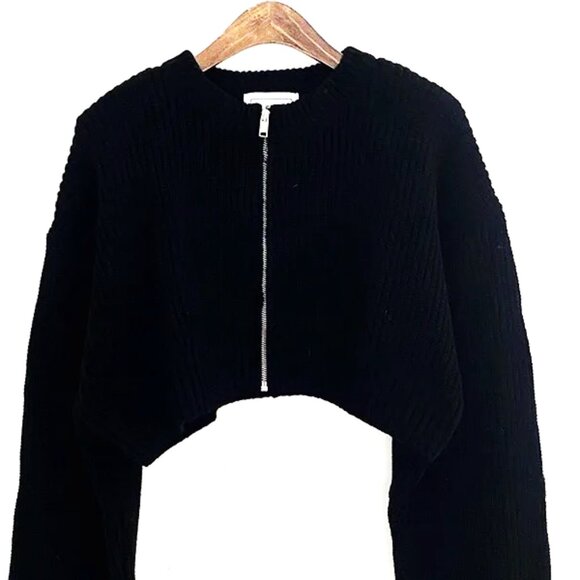 CROPPED KNIT BLACK MEDIUM ZIP UP CARDIGAN RIBBED METAL INDUSTRIAL ZIPPER - Picture 1 of 1